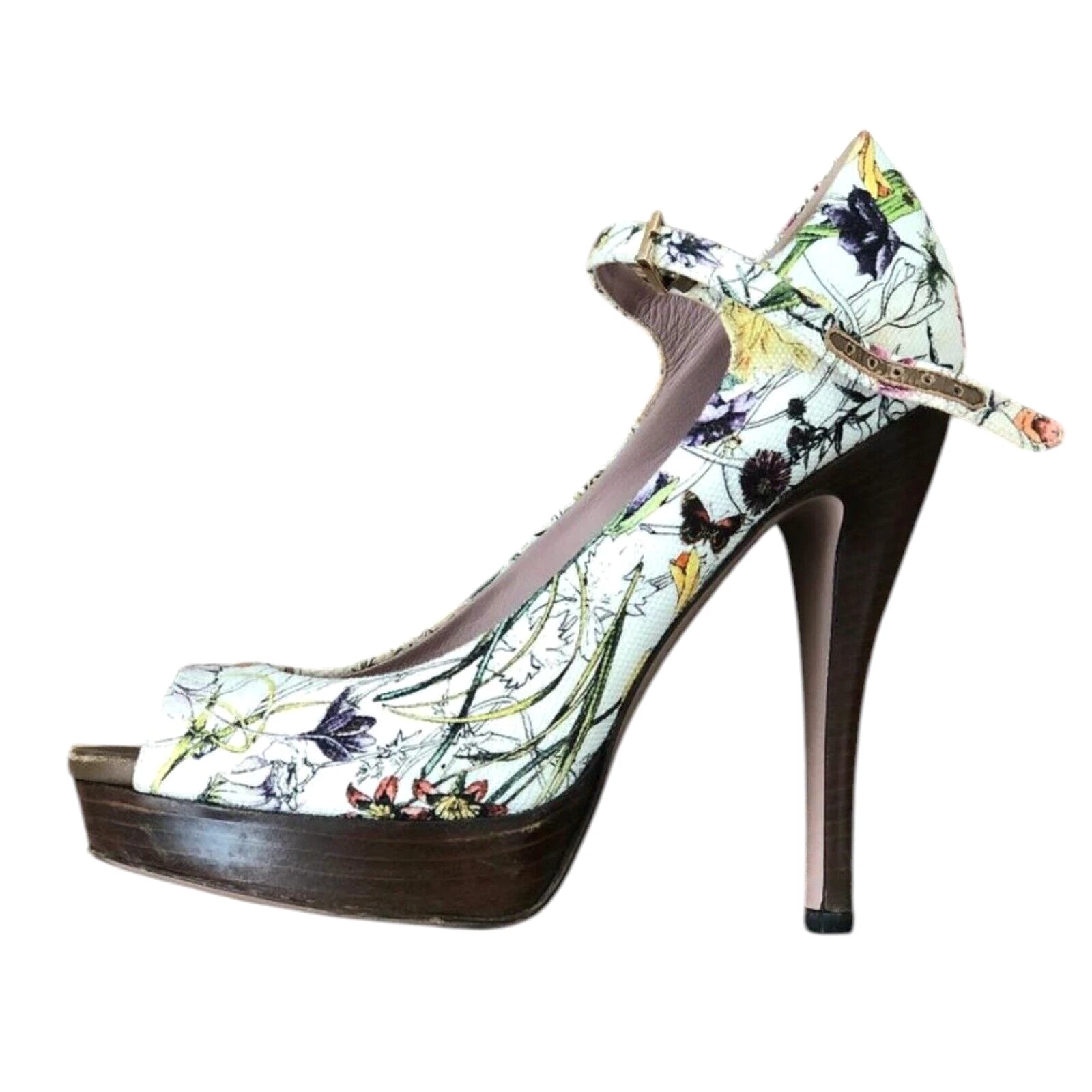Escarpins bout ouvert GUCCI X JOJO en toile blanche à fleurs bride cheville, taille 38
