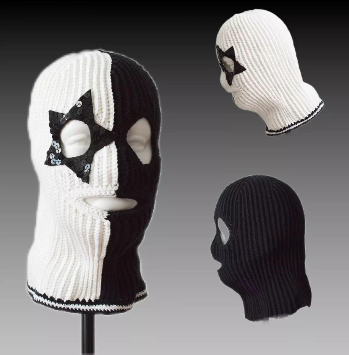 Star black white knit balaclava face ski mask Custom crochet beanie hat 3 holes