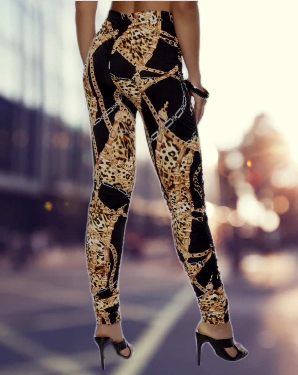 Leggings Women's Black High Waisted Gold Chain Print Ruching Sides