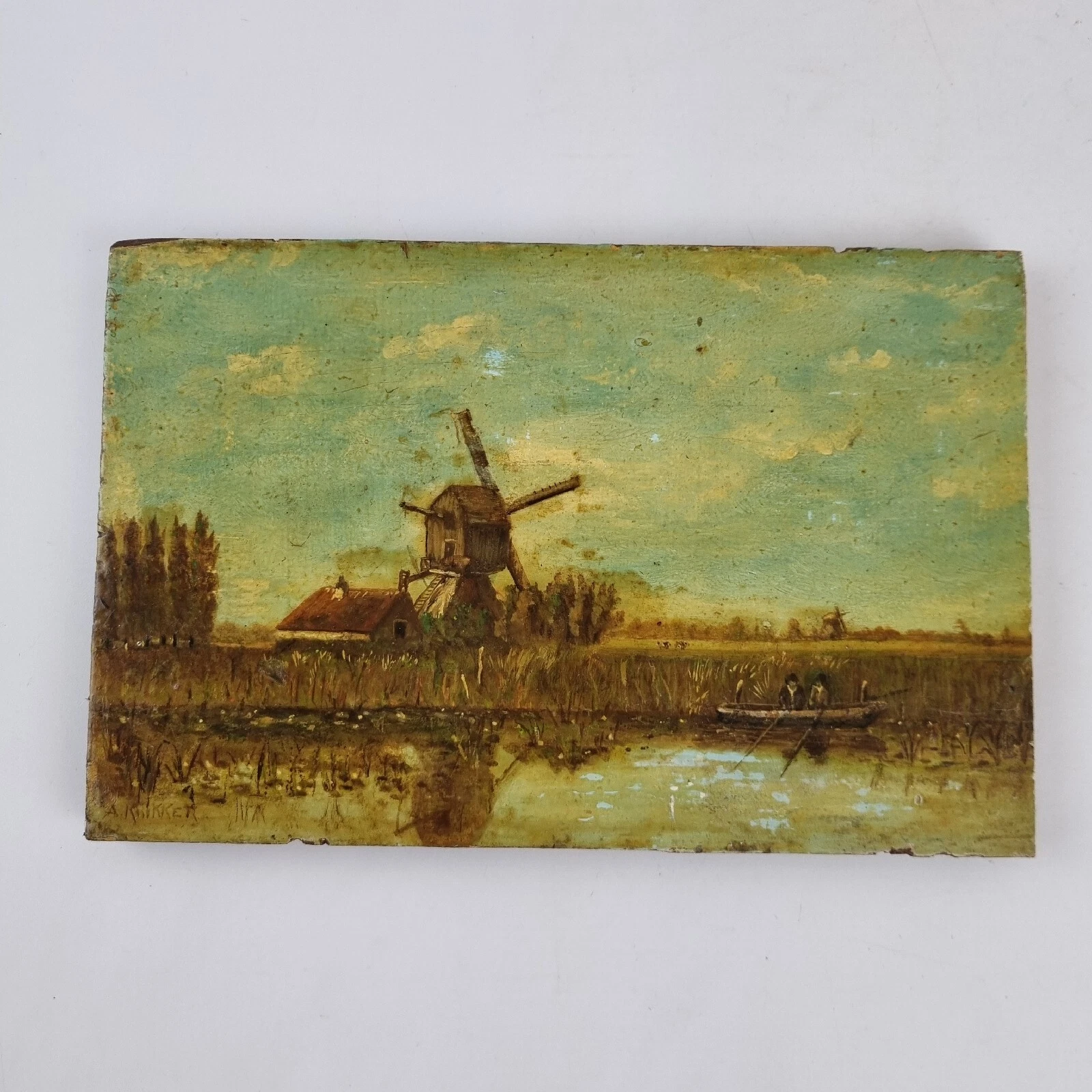 Aris Knikker Signed Oil On Panel River Landscape Windmill Figures In BoatOpens in a new window or tab