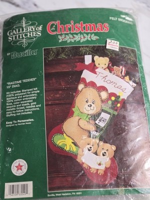 Bucilla Gallery of Stitches Ragtime Teddies 15  Felt Stocking Kit NIP Christmas