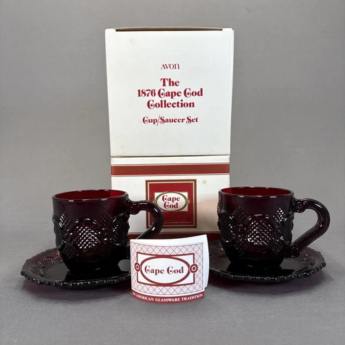 Avon Cape Cod Ruby Red Flat Cup and Saucer Set of 2 Original Box