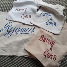 Vintage embroidered linen, Brush & Comb and Pyjamas Case , lot of 4