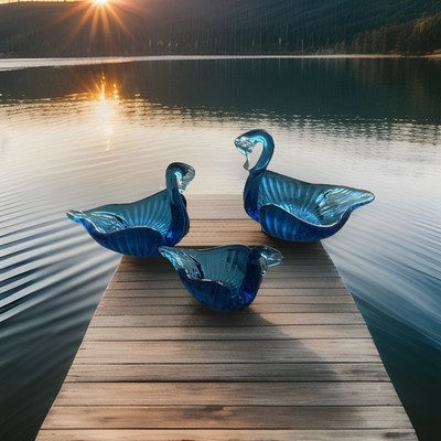 Vintage Chalet Glass Co. 3 Blue Nesting Swan Set 1960 Trinket Dishes Manganese