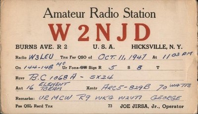Hicksville, NY New York W2NJD 1947 QSL/Ham Chrome Original Vintage Postcard