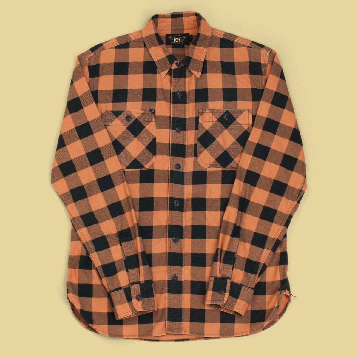 RRL Double RL Orange/Black Buffalo Plaid Print Cotton Flannel Work