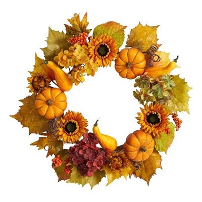 22'' Autumn Hydrangea/Pumpkin and Sunflower Artificial Fall Wreath in Orange