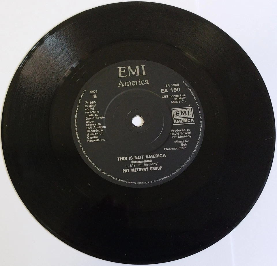 David Bowie Pat Metheny Group This Is Not America 7" Vinyl 45rpm EMI EA190 - Image 3 of 4
