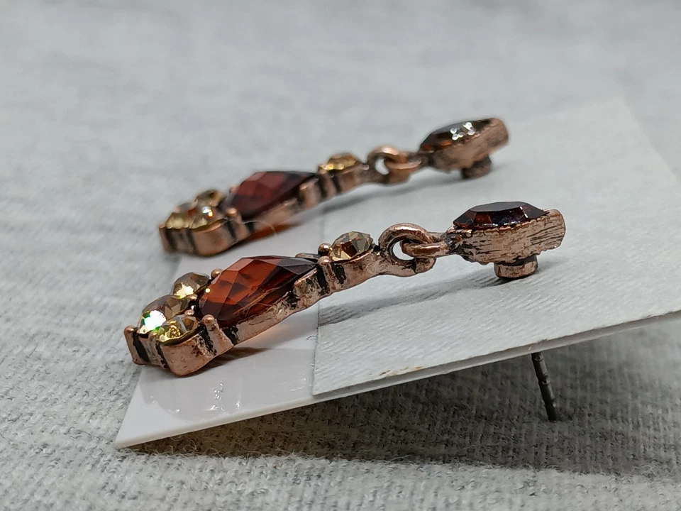 Vtg 1928 Copper Tone Orange Amber Rhinestone Pierced Dangle Earrings Signed - Image 4 of 4