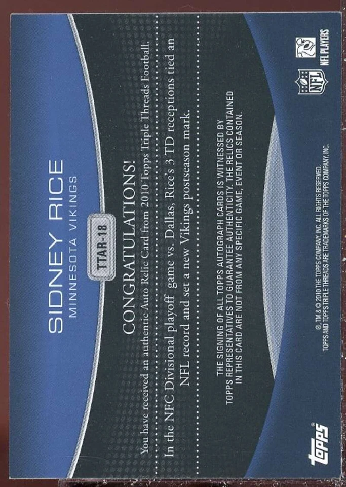 Sidney Rice Card 2010 Topps Triple Threads Autographed Relics #TTAR18 - Image 2 of 2