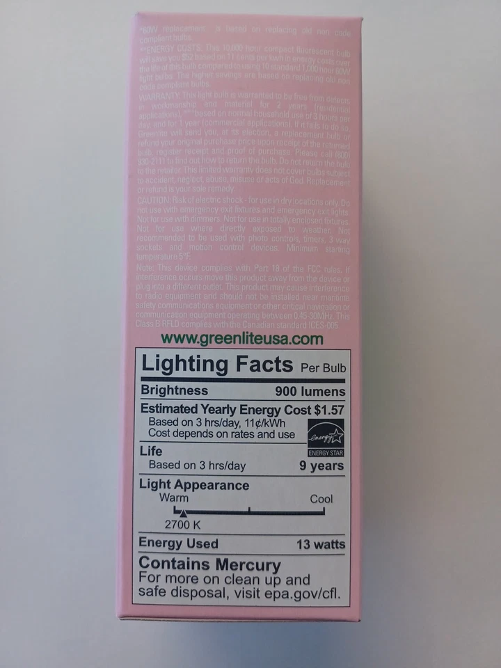 3 Greenlite CFL Soft White Light Bulb 13-Watt 60-W replacement 2700k Pink Base - Image 2 of 3