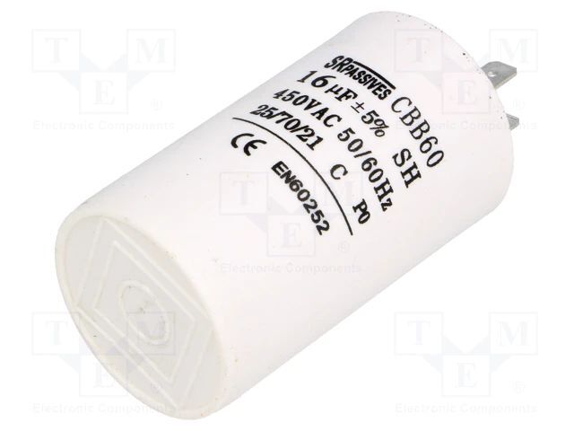 Condensador: para motores, funcionamiento 450V 16uF Ø40x70mm -25÷70°C CBB60A-16/450