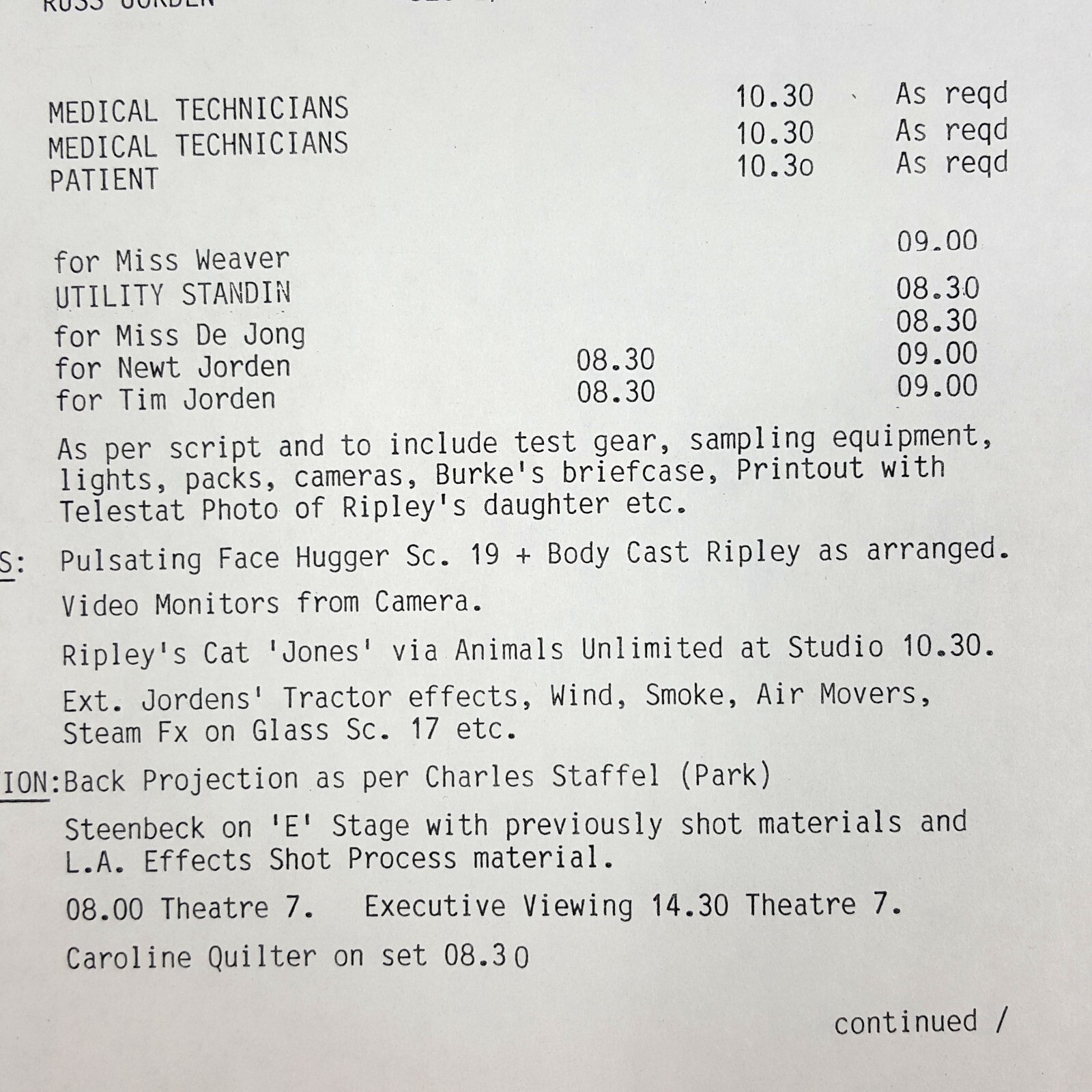 Image 9 of Aliens (1986) - Production Used Call Sheet 69, Sigourney Weaver and More, COA