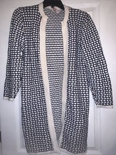 Vintage Sally Gee Blue  White Open Front Long Sleeve Cardigan Sweater