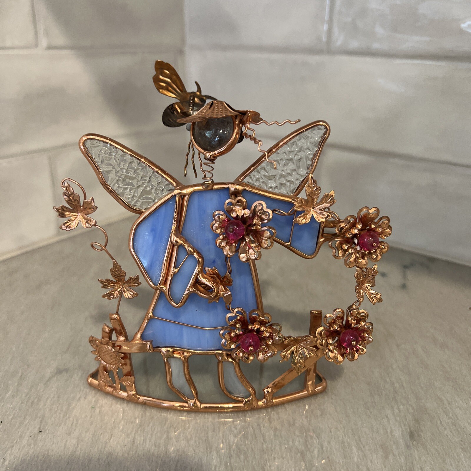 Copper Wire, Stained Glass Angel Garden Fairy Bumblebee Figure