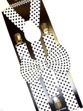 White Black Polka Dot Bow Tie And Suspender Matching Set Tuxedo Wedding Party