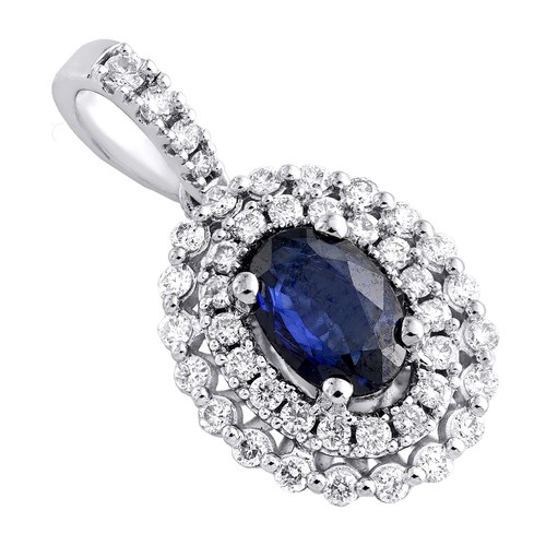 14K or Blanc Ovale Naturel Saphir Bleu & Diamant Pendentif 0.75 " Breloque 1/4 - Picture 4 of 6