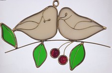 Handcrafted Vintage Stained Glass Sun Catcher, 2 White Doves on Branch