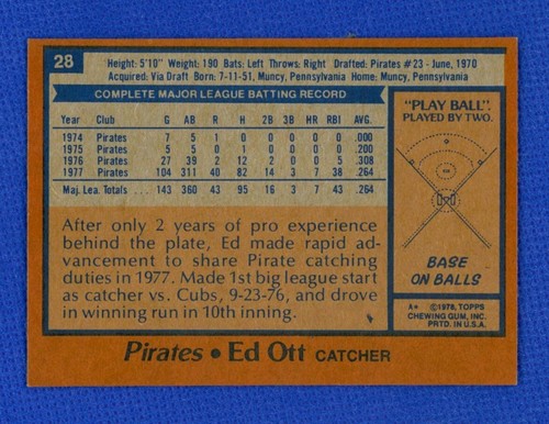 ⚾ 1978 Topps Baseball Set Break # 28 Ed Ott Pittsburgh Pirates - Picture 2 of 2