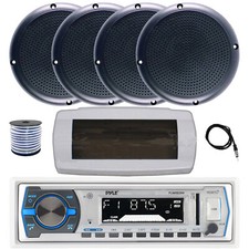 Pyle Bluetooth Marine Receiver, Cover, Antenna,Wire, 4x 5.25" 20W Black Speakers