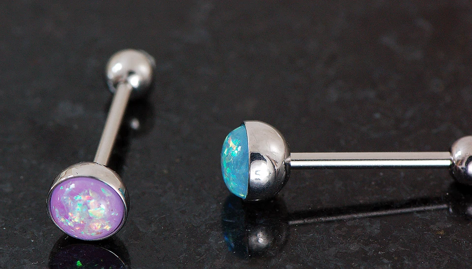 2件装14克5/8英寸紫色Aqua蛋白石闪光316L手术钢舌环烧烤 — 第 3/4 张图片