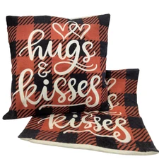 2 Throw Pillow Case Covers 17" x 17" Red Black Plaid Hugs & Kisses Country Cabin