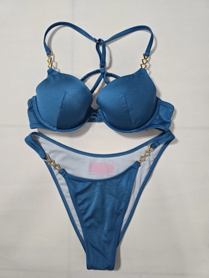 Conjunto de bikini push up azul Victoria’s Secret 34C parte superior e inferior mediana acento dorado Foto 4 de 4