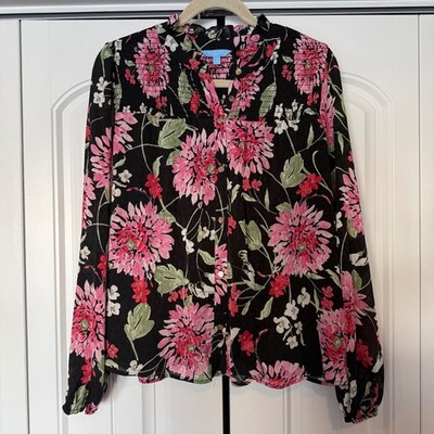 Draper James RSVP Black Pink Floral Smocked Blouse Top Semi-Sheer Large