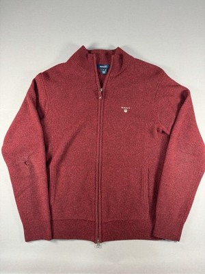 Gant Mens M Red Lambswool Full Zip Long Sleeve Knit Cardigan Sweater Mock Neck