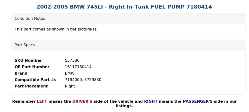 BMW 745LI 2002-2005 - Bomba de combustible derecha en el tanque 7180414 Foto 4 de 4
