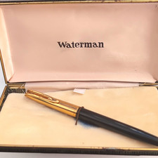 Waterman Vintage Metal Fountain Pen Gold Trim 18K EF Nib Blue Ink w/Case