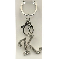 Silver Tone Rhinestone Letter K Initial Keychain Bag Charm Sparkly Monogram