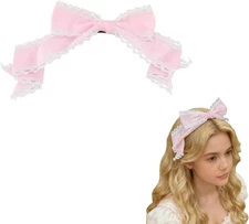 Pink Bow Lolita Headdress with Clips Ruffled Lace Maid Hair Accessory Cosplay
