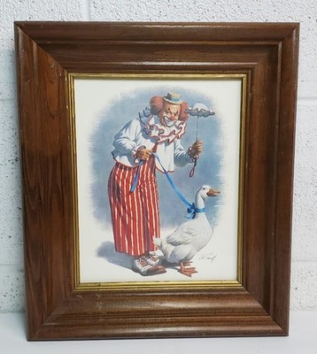 Vtg Clown with Goose by Arthur Sarnoff Wood Framed Circus Art 14x12x2  Whimsical