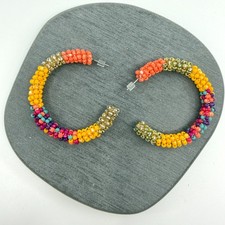 Multicolor Seed Bead Hoop Earrings Gold Tone Boho Festival Statement Pierced