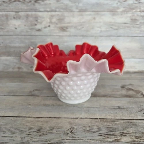 Vintage Ruffled Hobnail Kanawha Red & Milk Glass Vase Bowl