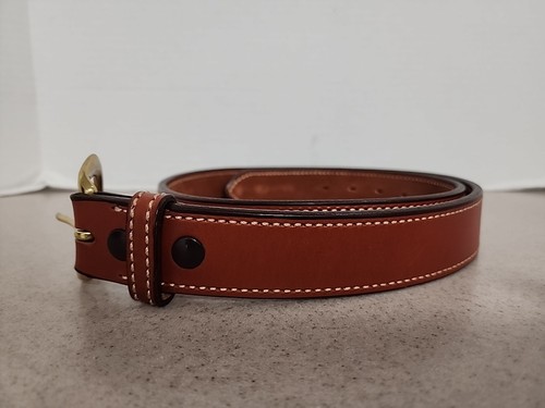 Vintage LL Bean Brown Leather Belt Mens 38 Solid Brass Buckle Made in USA - Picture 3 of 7