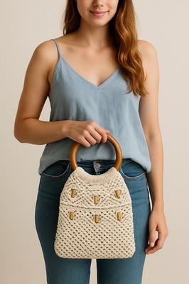 Roxy Crochet Knit Handbag Wooden Ring Handles Boho Beach Purse Cream Floral 