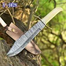 Damascus Steel Hunting Bowie Knife Full Tang Outdoor Tactical- Camel Bone Handle