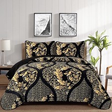 Black Quilt Set Queen Size, Boho Gold Damask Bedspread Coverlet Set Soft Lightwe
