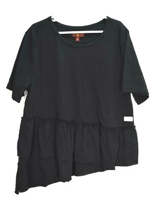 7 For All Mankind Girls Black 3/4 Sleeve Scoop Neck Ruffle Asymmetrical Top L