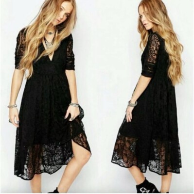Free People Lace Dress Size 0 Mountain Laurel Midi Black V Neck Fairy Grunge