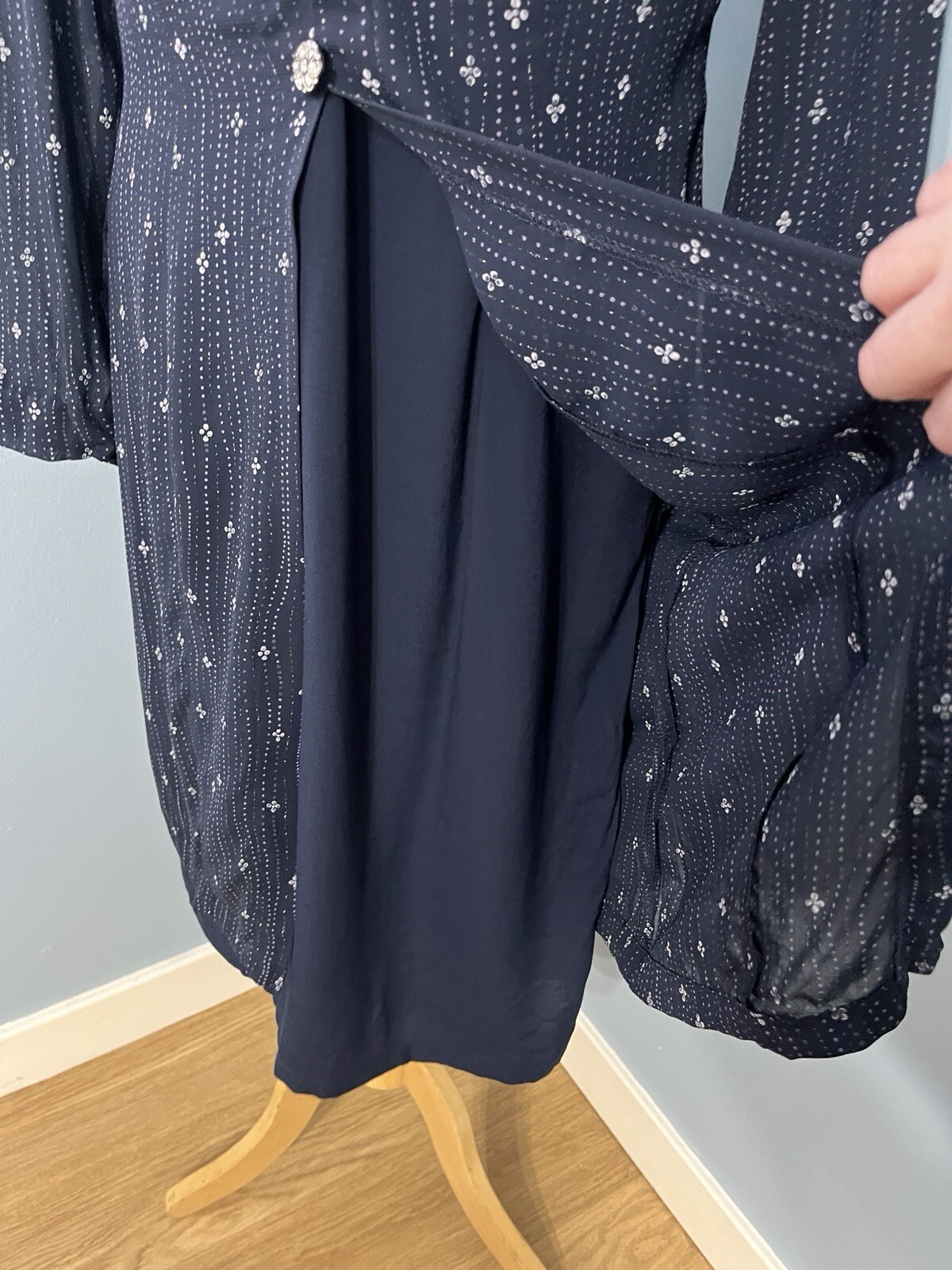 Vtg Marks & Spencer Layered Faux Chiffon Jacket Dress Navy Sparkle UK 12 Lined