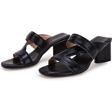 Chunky Heeled Square Open Toe Backless Block Double Strap Sandals Black 6