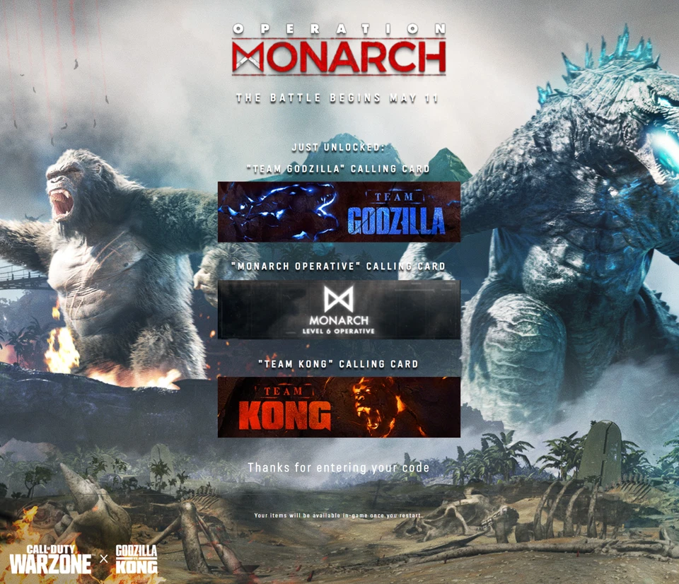 Call of Duty: Warzone / Vanguard / Godzilla vs Kong 3x set di carte chiamate DLC