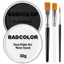 Black & Clown White Face Body Paint with 3Pcs Painting Brushes Set Water Base...