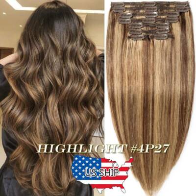 Balayage Thick Double Weft Clip In Remy Real Human Hair Extensions Full Head USA