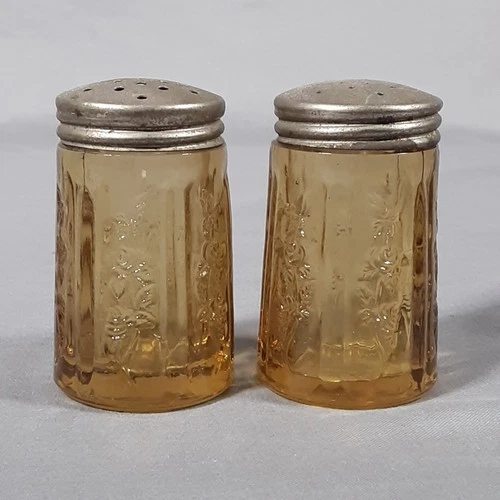 Amber Federal SHARON Cabbage Rose SALT & PEPPER Shaker Set Cap Depression Glass