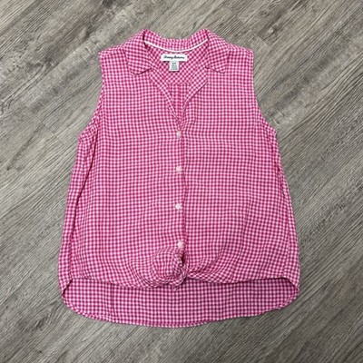 Tommy Bahama Pink Gingham Linen Sleeveless Top Coastal Picnic Coquette Small