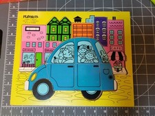 Vintage used wood puzzle Playskool Family Drive VW hatchback Dog City Drugs Cafe